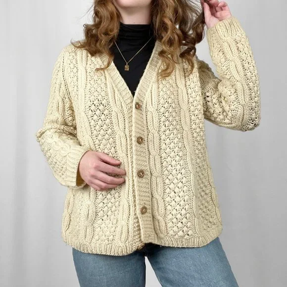 Vintage Hand Knit Oversized Cable Knit Aran Fisherman Cardigan Sweater Grandpa - Picture 5 of 13